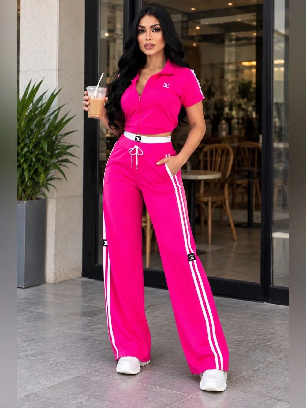 Two piece Matching Hot Pink Track Pants & Crop Top Set size S